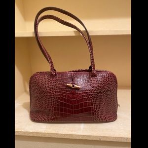 Vintage Longchamp Roseau Crocodile-Embossed Leather Shoulder Bag RARE Burgundy